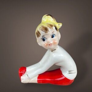 Porcelain Gymnast Figurine Vintage 1950s Japan Mid Century Stretching Girl Red